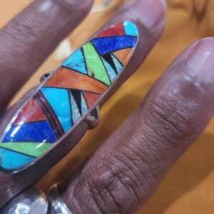 Colorful Geometric NAVAJO INLAY Sterling Silver Ring~ Size 8